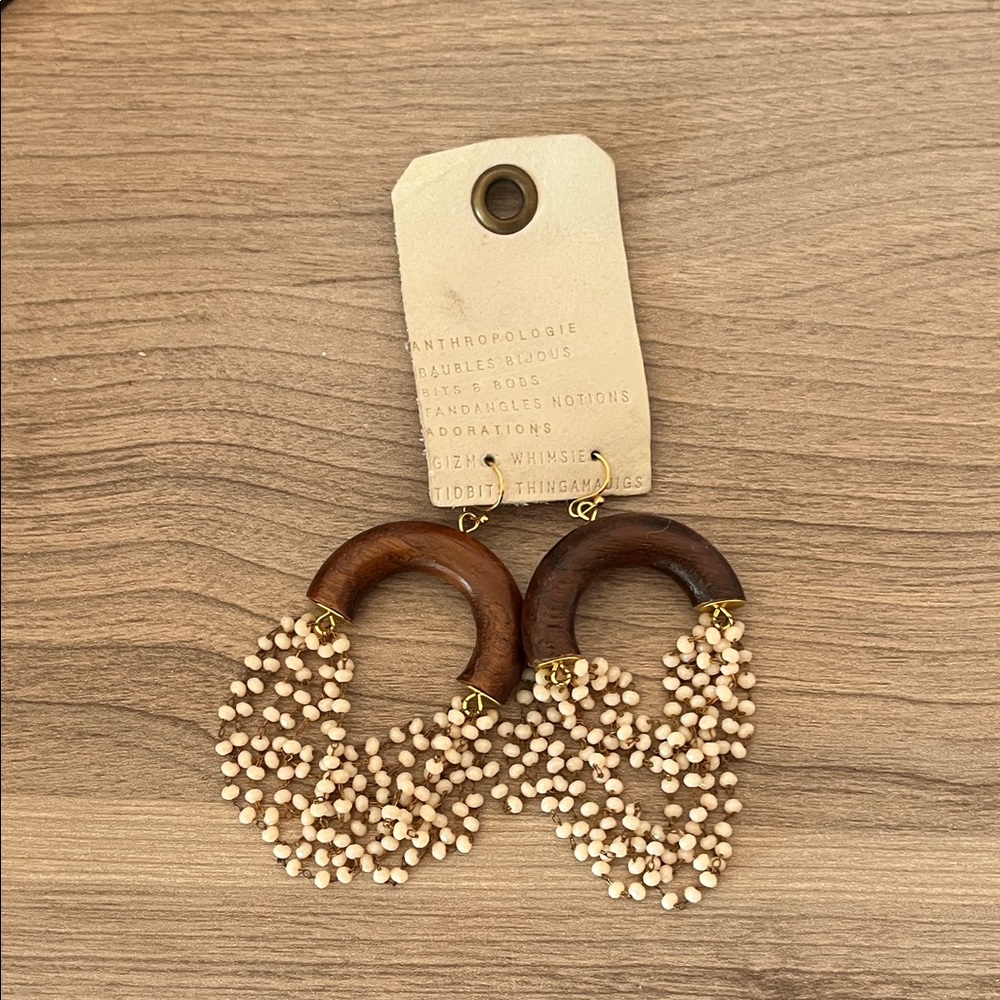 Anthropologie Wood Hoop Earrings with Cream Seed Beads